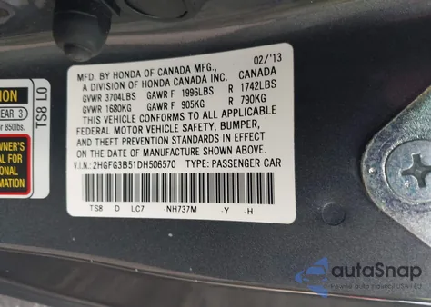 2013 Honda Civic Lx from USA, damaged, VIN 2HGFG3B51DH506570